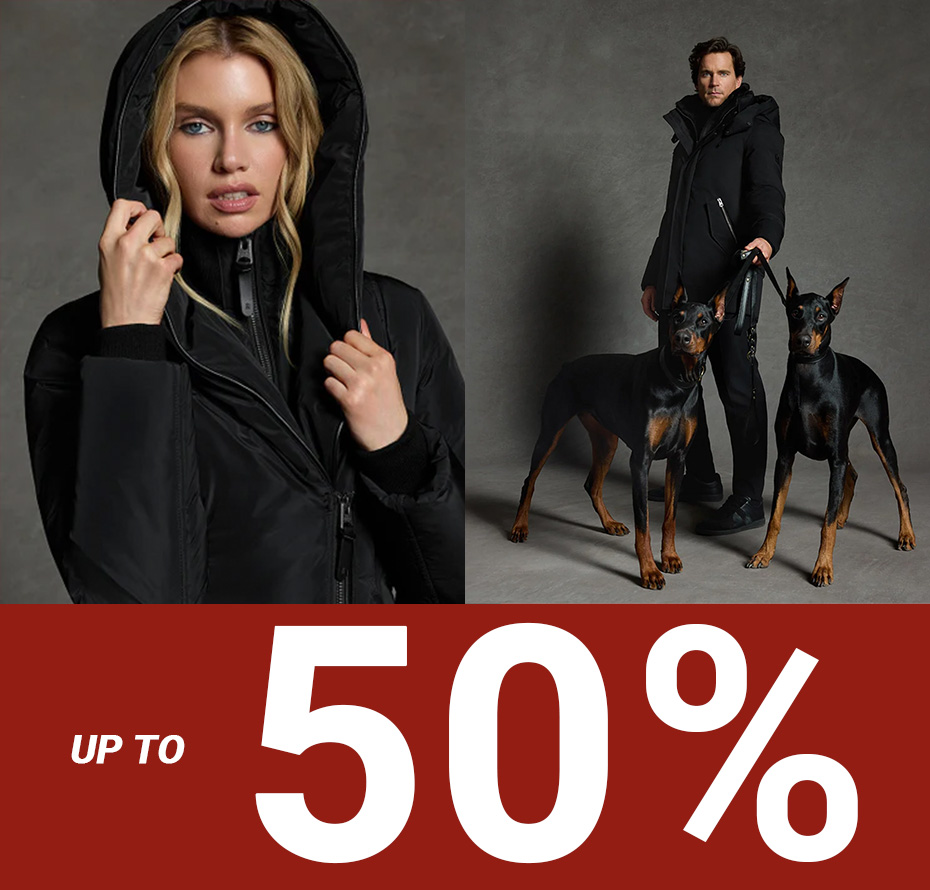 sale up to 50%, women and man in jackets